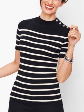 Talbots Women’s XL Black & Cream Striped SS Shoulder Button Detail Knit Top EUC